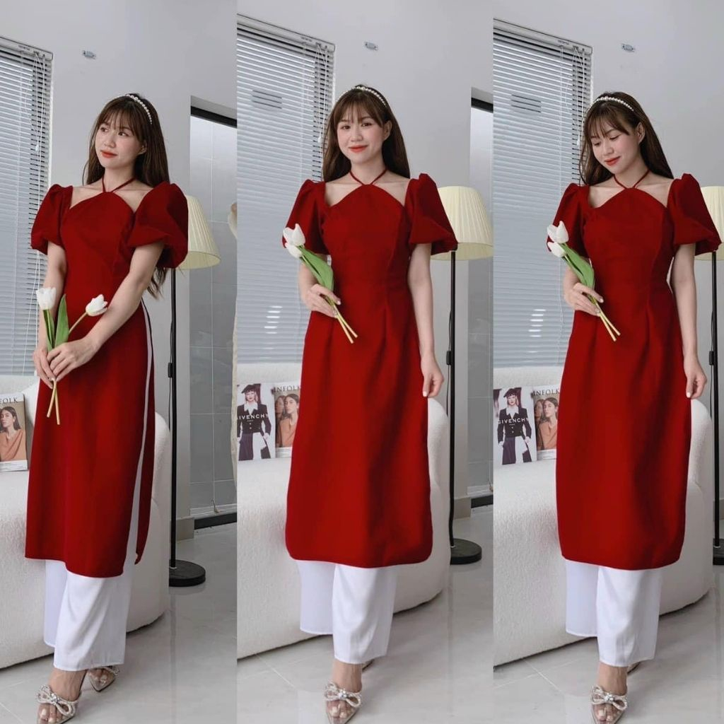 Áo Dài Cách Tân Nhung Cổ Yếm Mẫu Mới Hot Đón