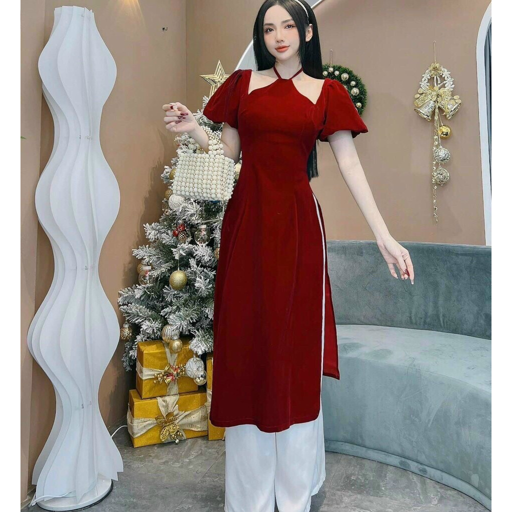Áo Dài Cách Tân Nhung Cổ Yếm Mẫu Mới Hot Đón