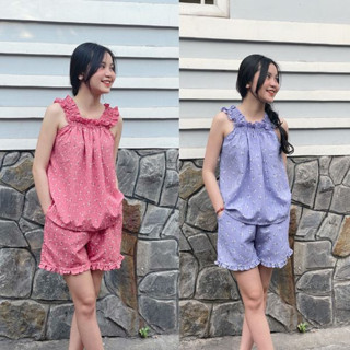 Bộ đồ ngủ 2 dây đũi xốp họa tiết hoa nhí dễ thương mềm mát mùa hè