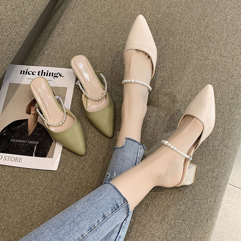 Dép sục nữ mũi nhọn quai ngang đính hạt đế cao 4cm