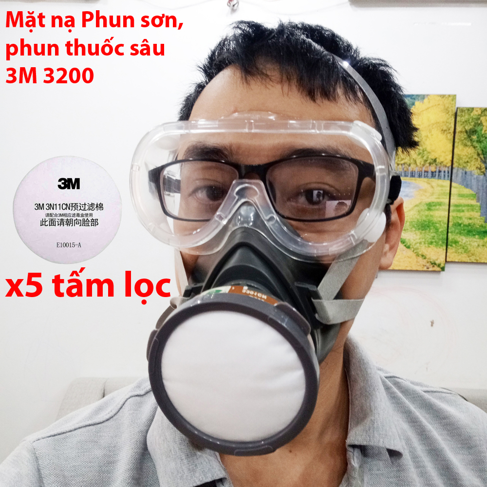 Mặt nạ sơn chống độc Phun thuốc sâu 3M 3200 kết hợp Phin lọc 3M 3301CN kèm kính chống hóa chất - khẩu trang phòng độc 3M