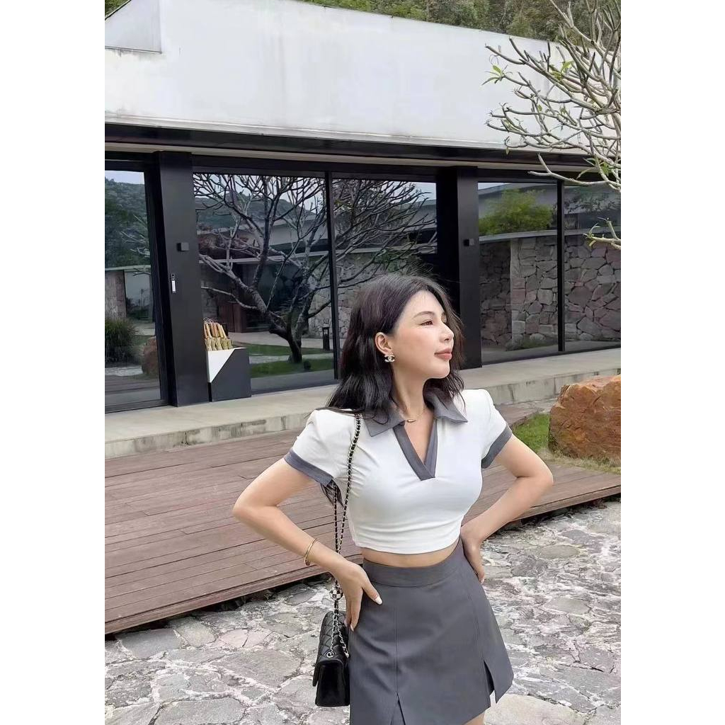 Set Đồ Nữ Áo Thun Croptop Tay Ngắn Cổ V, Chân Váy Chữ A Ngắn Cạp Cao Kiểu Hàn Quốc Set Đồ Nữ Đi Chơi Mùa Hè SD377