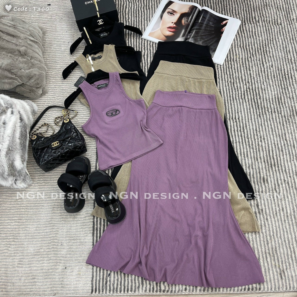 Set bộ nữ thun hàng quãng châu 2 món áo ba lỗ đính chữ D mix chân váy đuôi cá xinh xắn