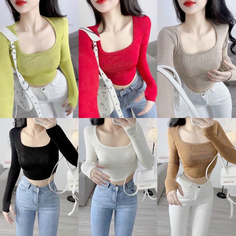 Áo thun Croptop cổ U tay dài xỏ ngón chất vải nhũ mịn mát