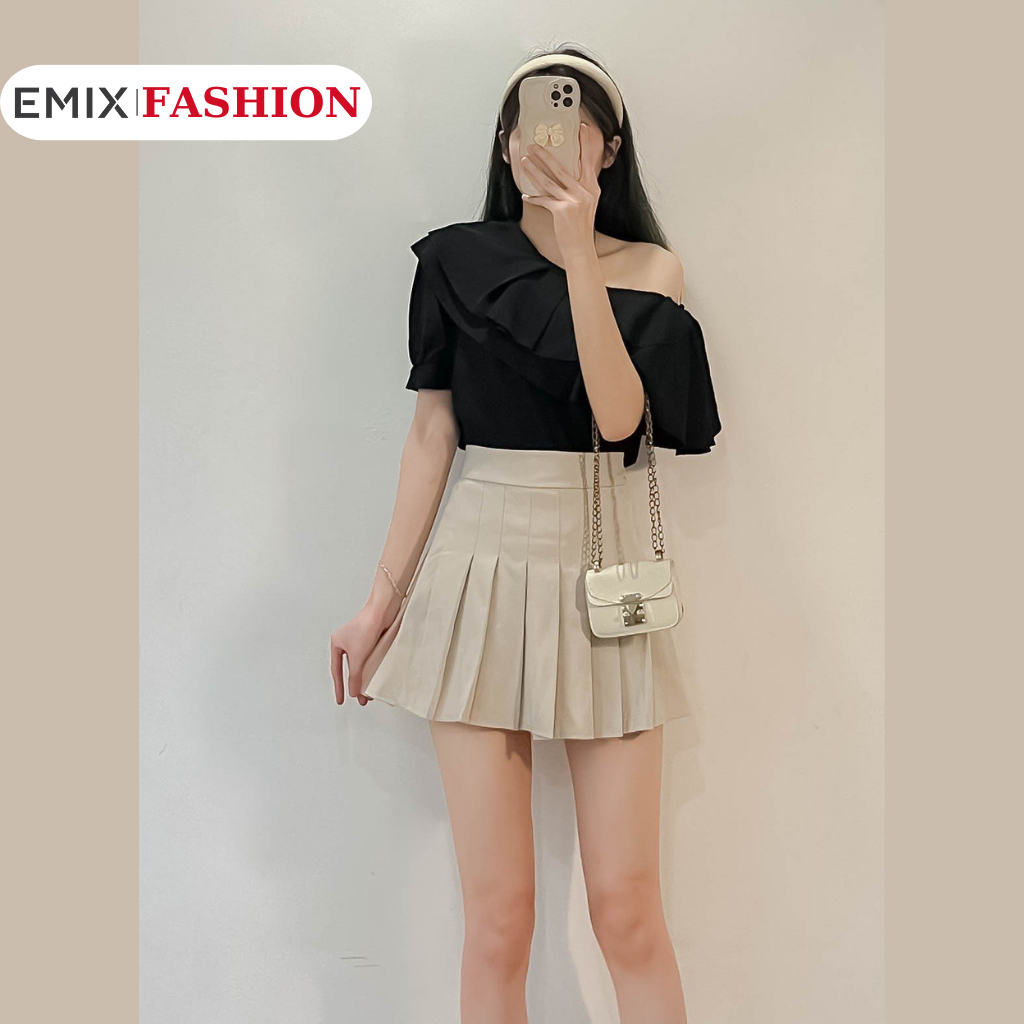 Áo sơ mi tiểu thư bèo lệch vai EMIX, tay lỡ, freesize dưới 57kg, chất thô boil dày dặn, dáng dài 129