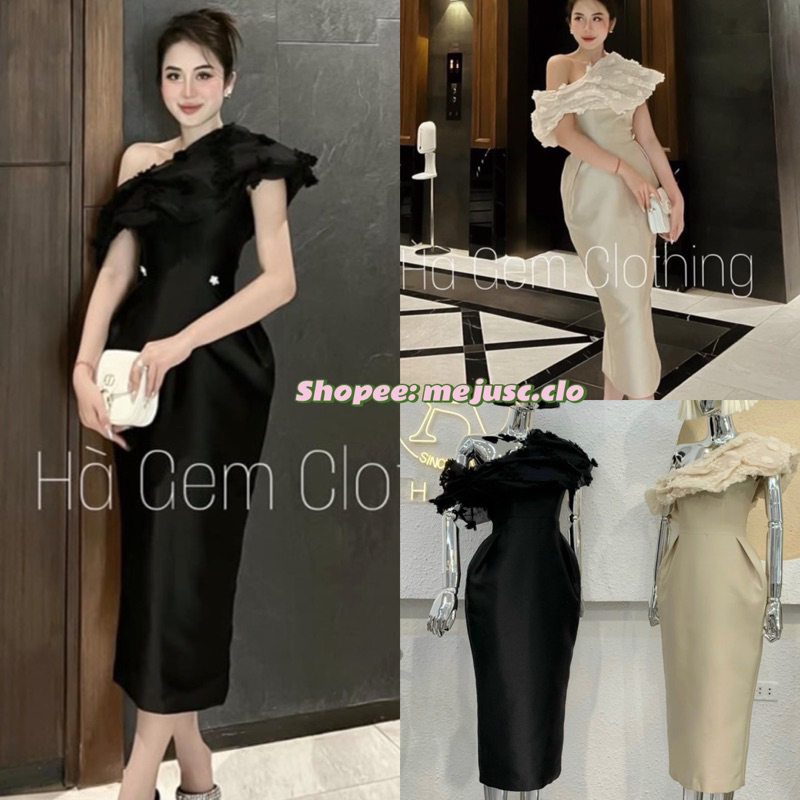 𝑫𝒐𝒎𝒊𝒏𝒊𝒄 𝑫𝒓𝒆𝒔𝒔 Ashyley Thiết Kế Váy Lệch Vai Phối Ren Chân Phồng Tafta Sang Chảnh