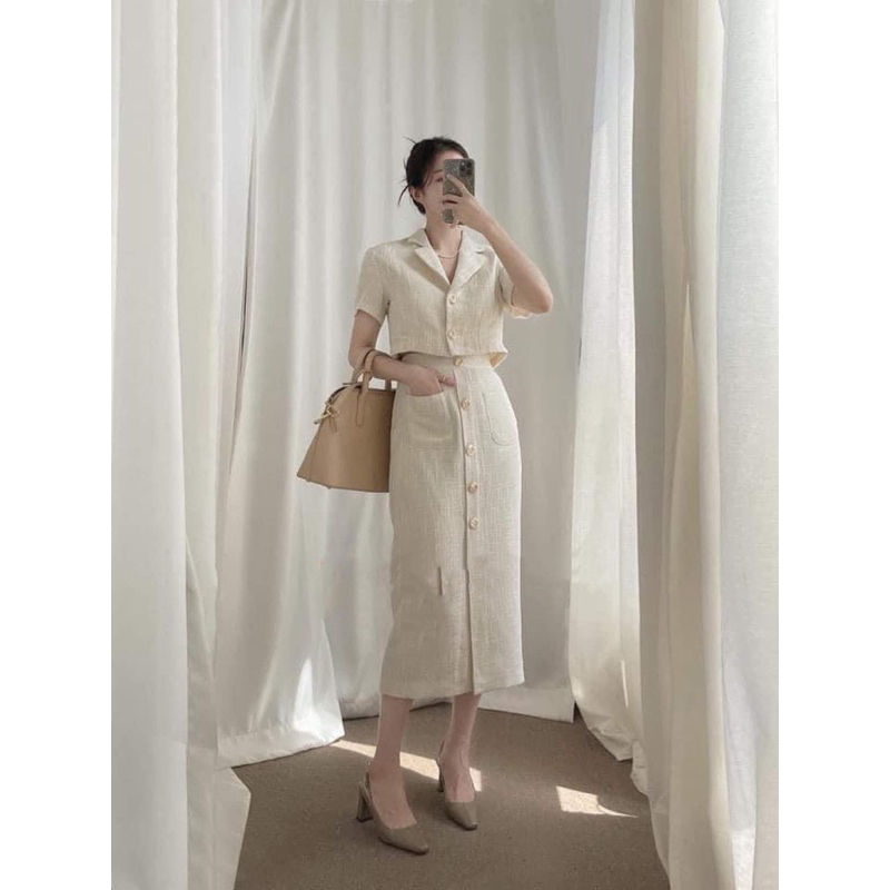 set dạ tweed kem