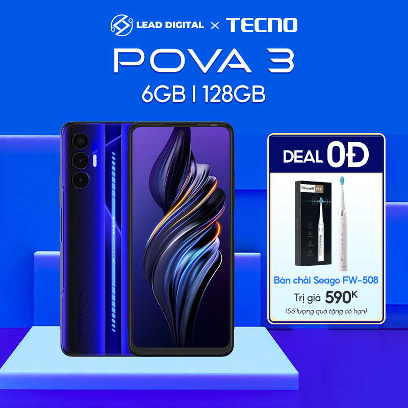 Điện thoại Gaming Tecno POVA 3 (6+5GB)/128GB-Helio G88|7000 mAh|Sạc nhanh 33W-Chính hãng