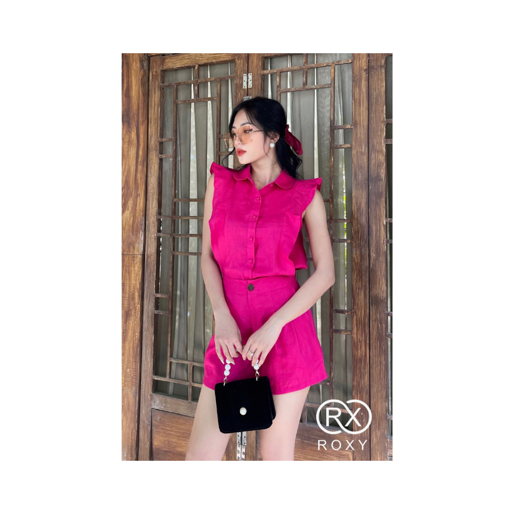 Bộ Quần Áo Ngắn ROXY Vải Linen Cao Cấp, Kiểu Sát Nách Phối Bèo Nhún 4884
