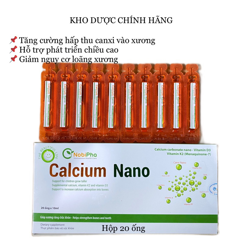 Calcium Nano hộp 20 ống - Bổ sung canxi, vitamin K2, vitamin D3, tăng cường canxi, giảm nguy cơ loãng xương