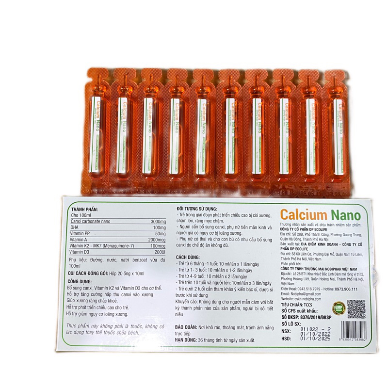 Calcium Nano hộp 20 ống - Bổ sung canxi, vitamin K2, vitamin D3
