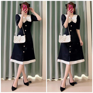 Đầm BIGSIZE MiDi Phối Nơ Trắng Tiểu Thư Kèm Dây Buộc Eo