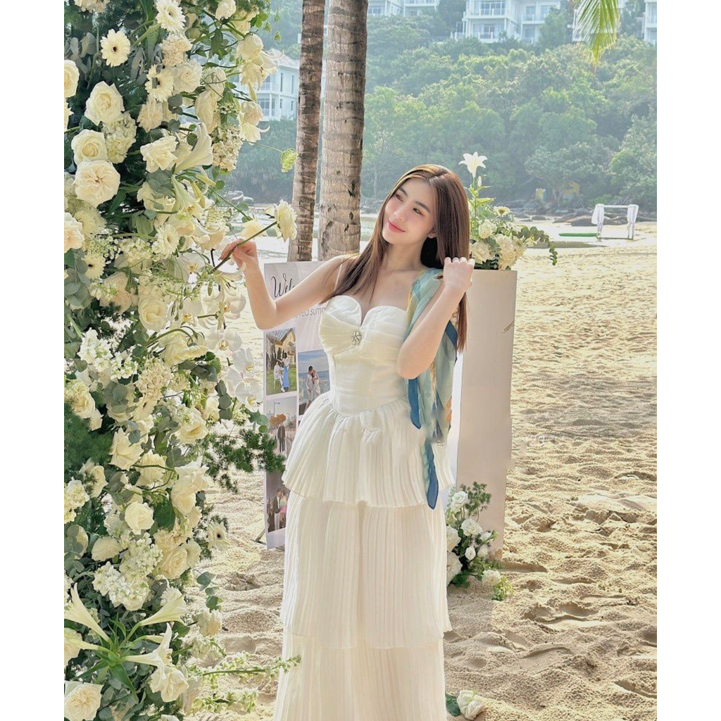 Đầm váy nữ hai dây hở ngực đính hoa đá ôm eo dáng dài maxi kiểu tầng xếp li phong cách hàn quốc siêu xinh xắn đi biển