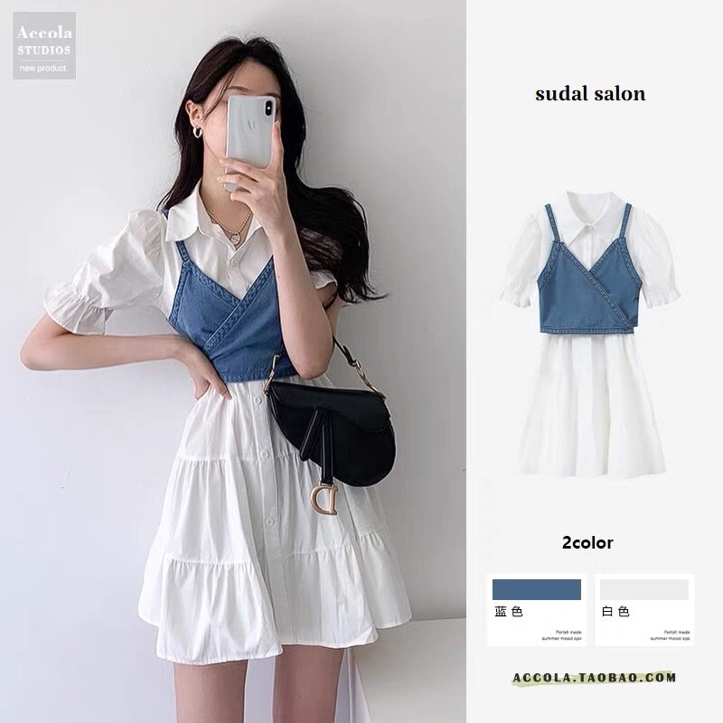Đầm yếm bò tay phồng/Set váy sơ mi trắng mix Áo hai dây vải denim kiểu retro video/ảnh thật(pass mới vẫn còn mác)