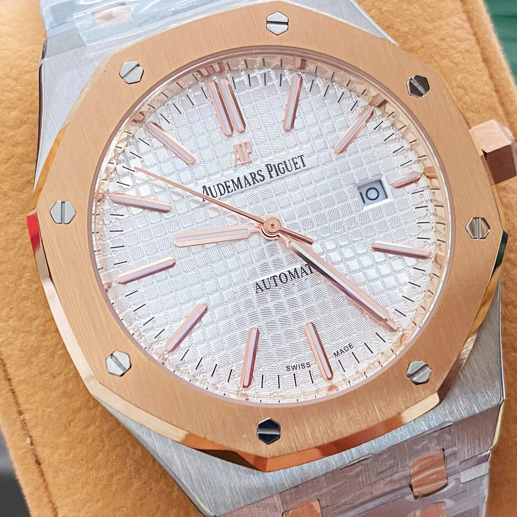 Đồng hồ Nam Audermars Piguet cơ automic máy nhật japan  size 42mm dây kim loại màu trắng pha vàng hồng, dây vàng
