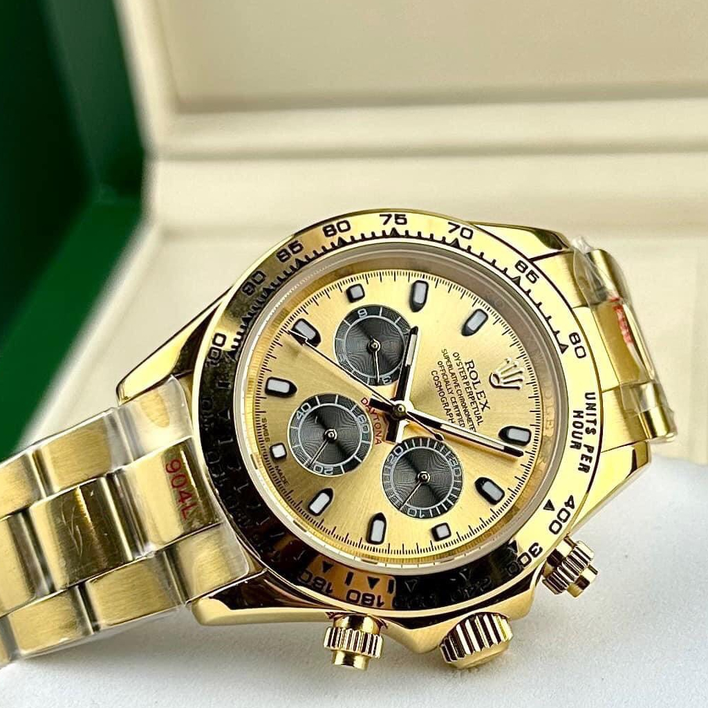 Đồng hồ Nam Rolex 6kim dây kim loại máy nhật dòng cơ Automatic size 40mm mặt đen vỏ vàng