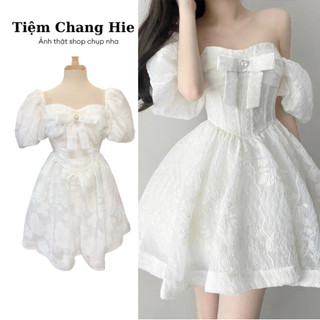 (Có đệm) Đầm trắng công chúa hoa nơ ngực cổ vuông tay bồng dáng xòe | Váy công chúa đi tiệc du lịch sinh nhật kỉ yếu