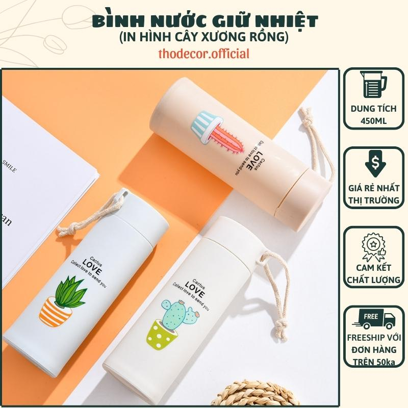 Bình Nước Giữ Nhiệt In Hình Xương Rồng 450ml Lõi Thủy Tinh Cao Cấp