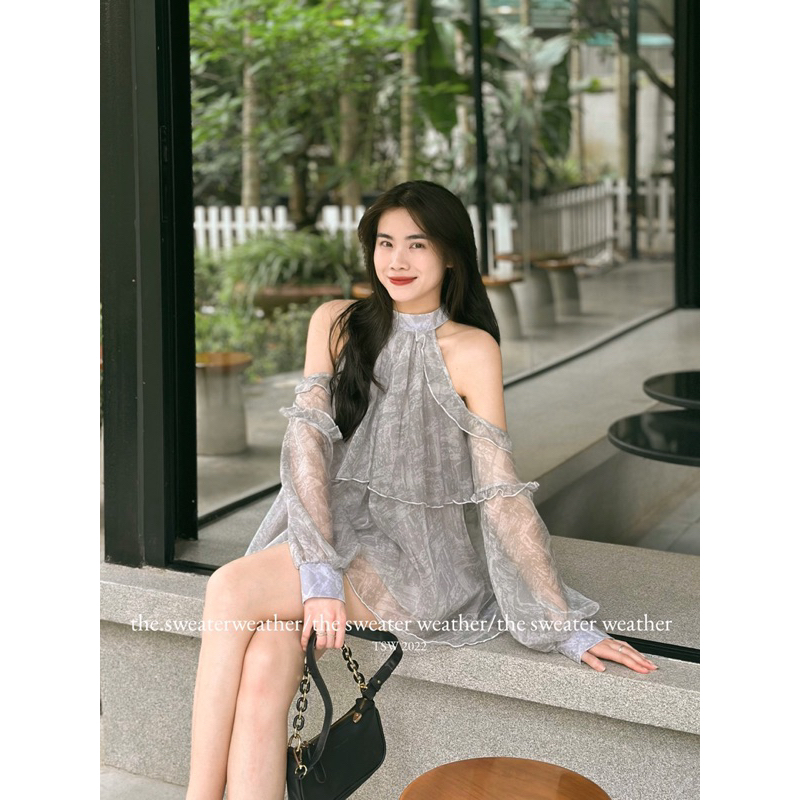 Áo voan xám loang bèo vai cổ yếm the.sweaterweather TSW (ảnh thật)