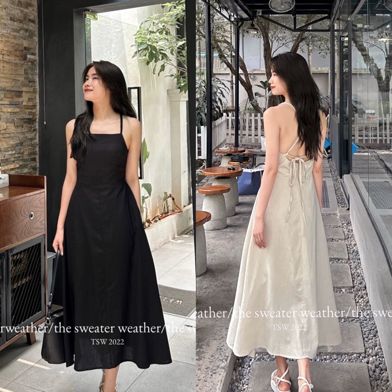 Váy maxi thô linen dây đan lưng the.sweaterweather TSW (ảnh thật)