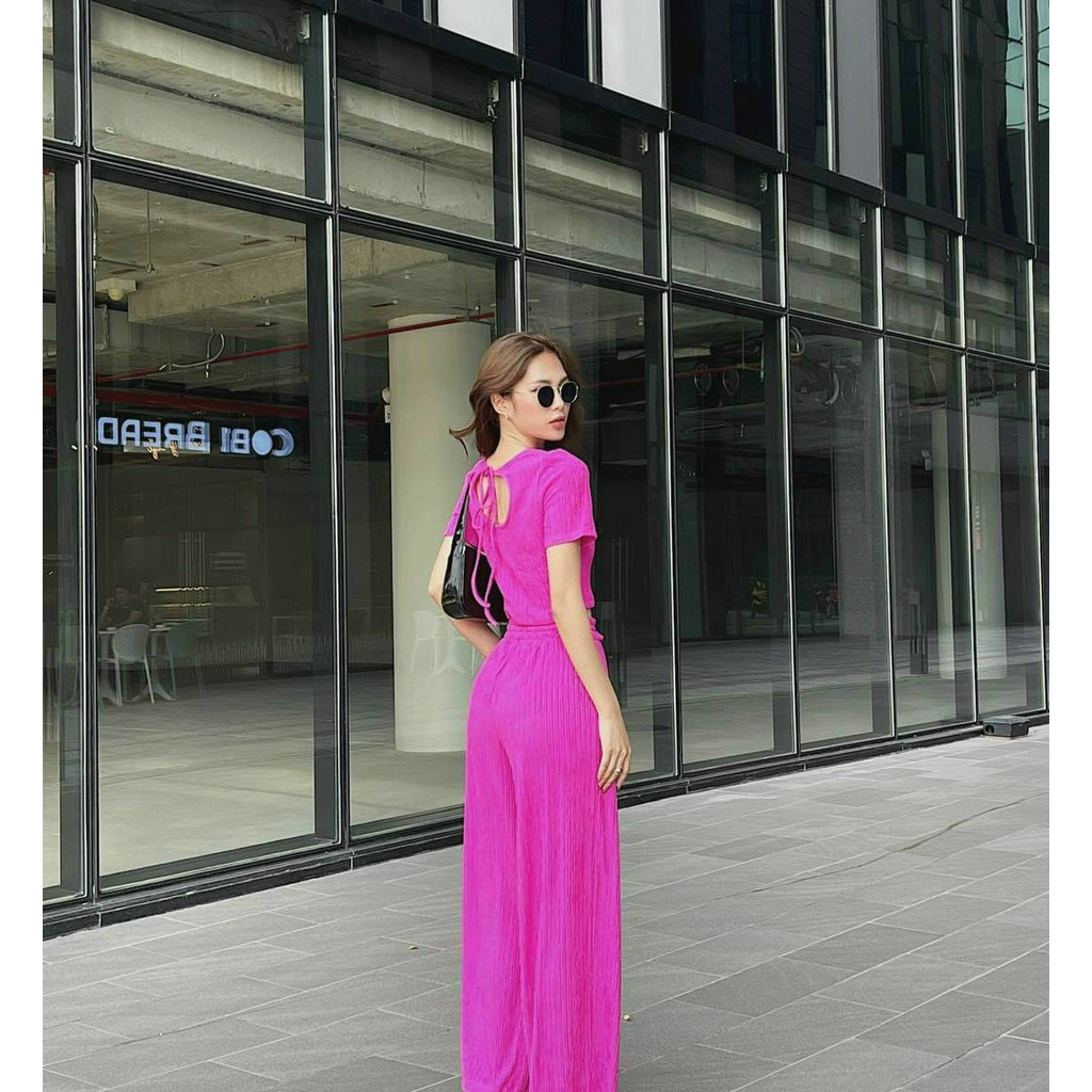 Sét bộ nữ thời trang mặc đi chơi chất thun xốp y mẫu áo cổ tròn tay ngắn mix quần dài ống suông lưng cạp chun mát mẻ