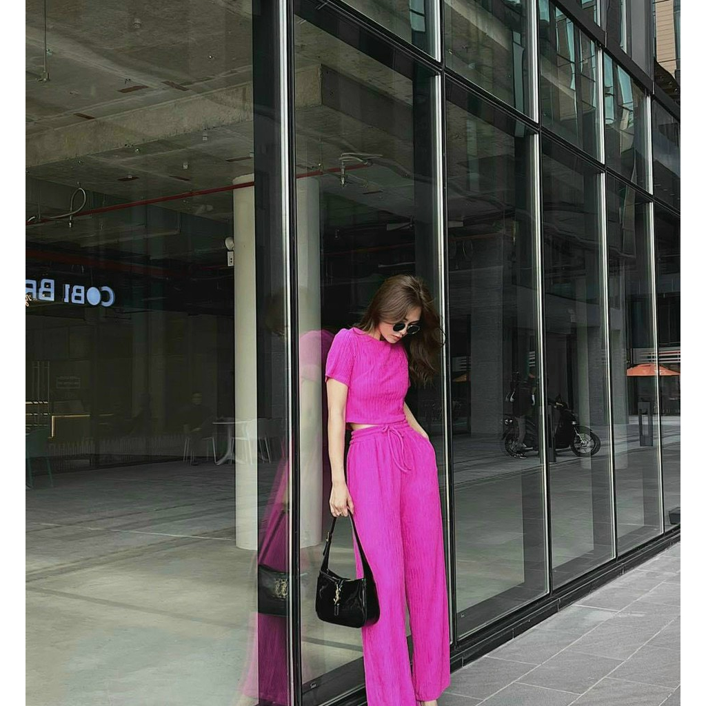 Sét bộ nữ thời trang mặc đi chơi chất thun xốp y mẫu áo cổ tròn tay ngắn mix quần dài ống suông lưng cạp chun mát mẻ