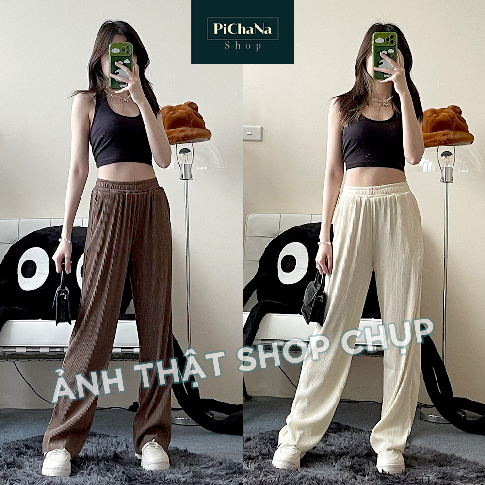 Quần tăm ống suông li to mặc hè siêu mát, quần culottes ống rộng không nhăn cạp chun có túi quần.