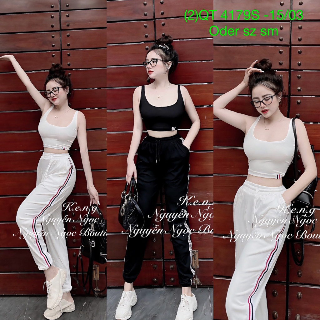 Sét bộ áo 2 dây croptop cổ U phối quần jogger 3 sọc màu cực hot , chất thun gân dày dặn