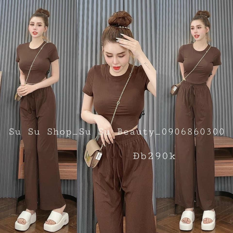 Sét bộ nữ thời trang mặc đi chơi chất thun gân áo cổ tròn tay ngắn hở eo mix quần dài ống suông mát mẻ