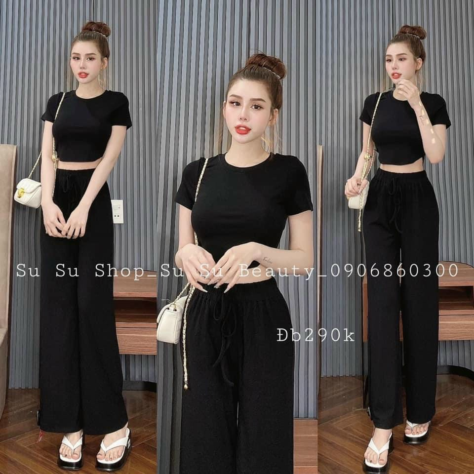 Sét bộ nữ thời trang mặc đi chơi chất thun gân áo cổ tròn tay ngắn hở eo mix quần dài ống suông mát mẻ