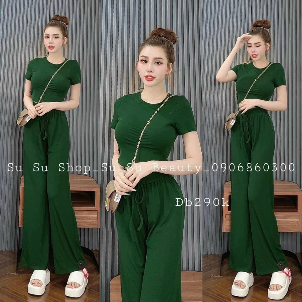 Sét bộ nữ thời trang mặc đi chơi chất thun gân áo cổ tròn tay ngắn hở eo mix quần dài ống suông mát mẻ