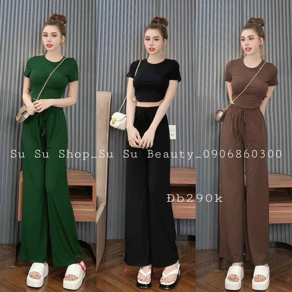 Sét bộ nữ thời trang mặc đi chơi chất thun gân áo cổ tròn tay ngắn hở eo mix quần dài ống suông mát mẻ