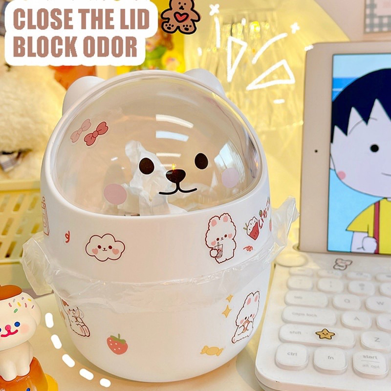 Thùng rác để bàn có nắp mini, hình chú gấu xinh xắn tặng kèm sticker 2D cute dễ thương 🍓