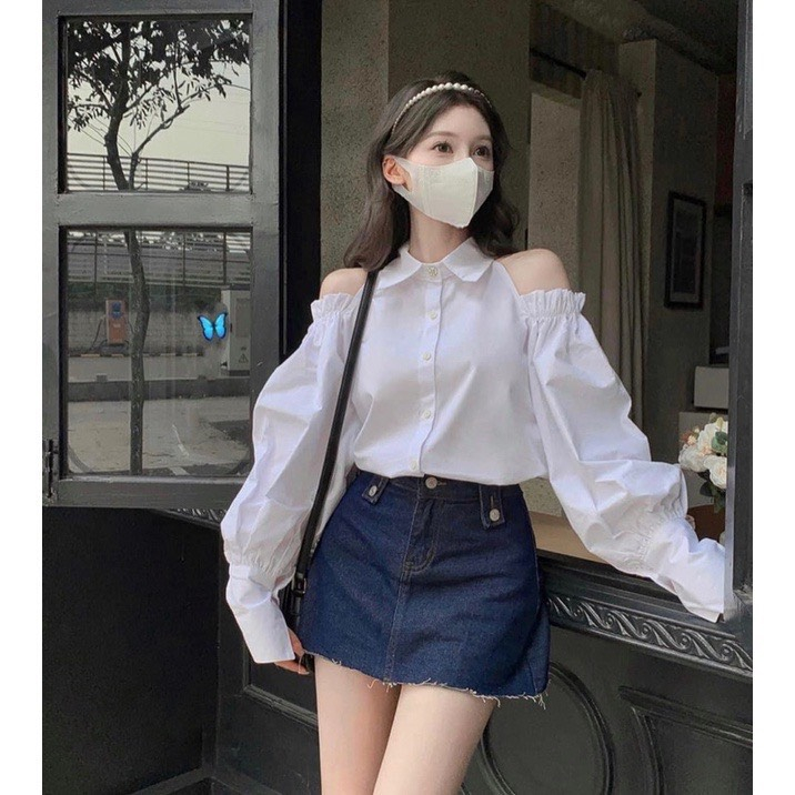 Áo Sơ Mi Khoét Vai Hai Bên Tiểu Thư Quảng Châu, Dáng Vintage, Freesize Dưới 60kg, Loại 1