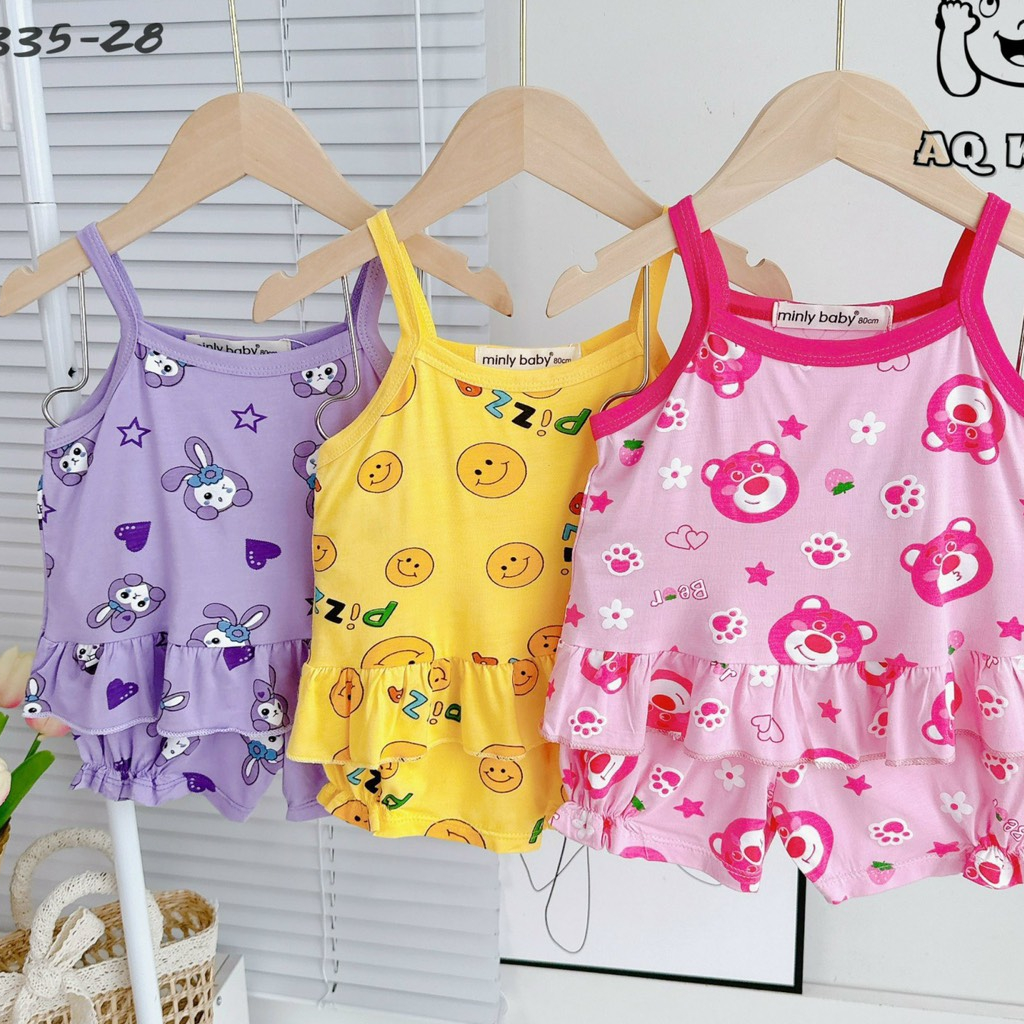 Bộ 2 dây Size 80-130  sọc Minlybaby + quần phối bèo, đính nơ xinh xắn cho bé gái