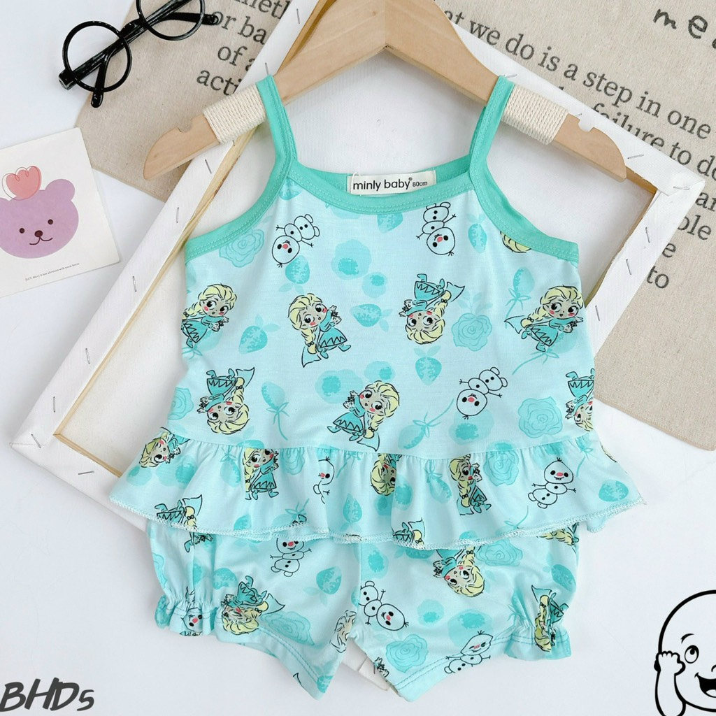Bộ 2 dây Size 80-130  sọc Minlybaby + quần phối bèo, đính nơ xinh xắn cho bé gái