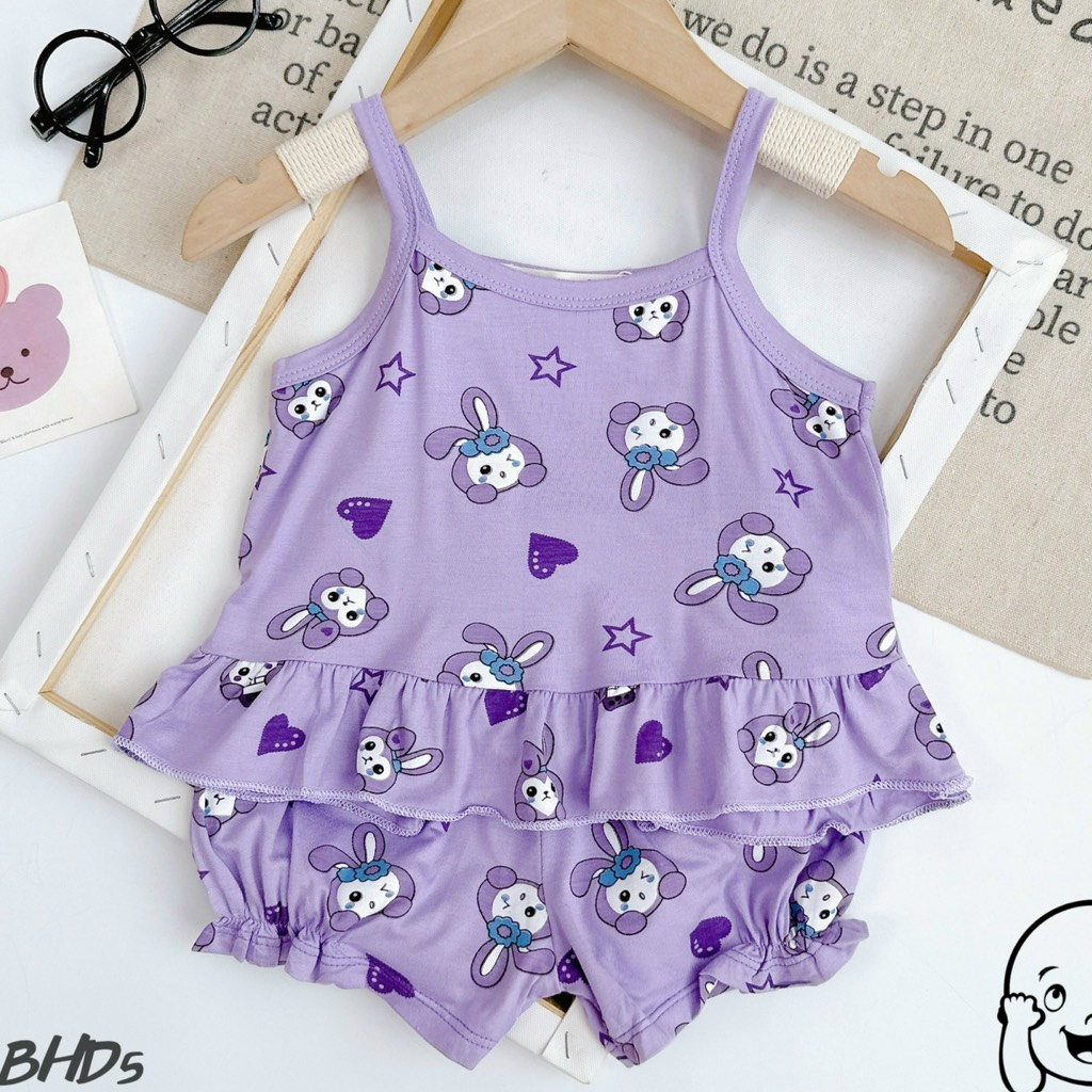 Bộ 2 dây Size 80-130  sọc Minlybaby + quần phối bèo, đính nơ xinh xắn cho bé gái