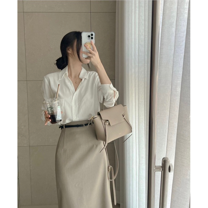 Set áo sơ mi trắng công sở tay dài basic + Chân váy midi xẻ kèm nịt
