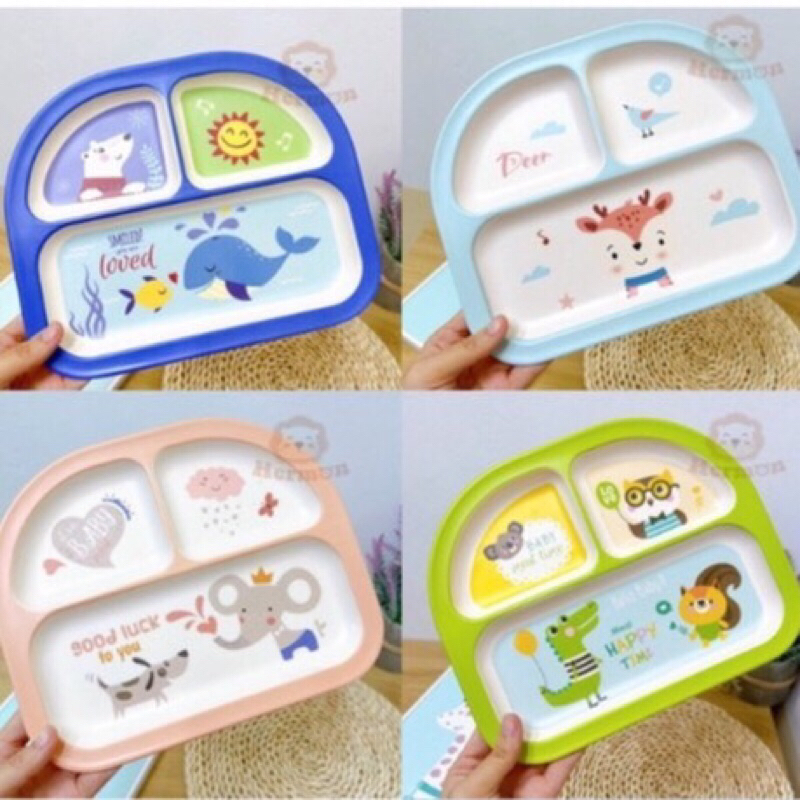 Khay ăn dặm Sợi Tre Hermon 3 ngăn cao cấp hình thú cho bé ăn dặm