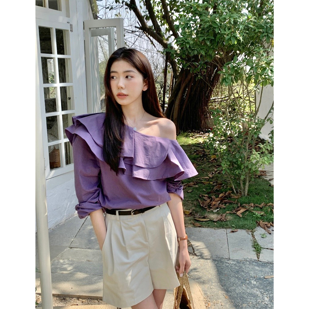 Áo Lệch Vai Phối Bèo Quảng Châu, Dáng Basic Vintage, Freesize Dưới 60kg, Hàng Loại 1