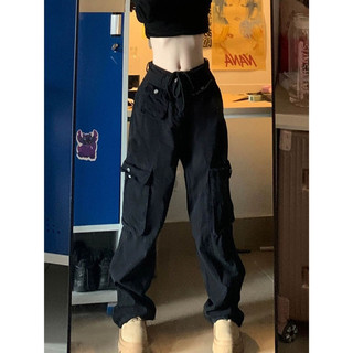 Sẵn m-quần jean denim màu đen túi hộp ống rộng cạp cao kèm dây rút eo thời trang nam nữ