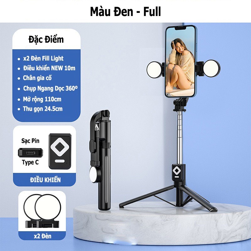 Gậy chụp ảnh 3 chân thế hệ mới, có đèn led trợ sáng, Gậy selfie chụp hình, tự sướng,bluetooth điều khiển từ xa