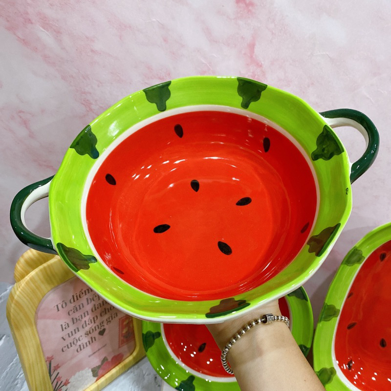 Bộ bát đĩa sứ ăn cơm hoạ tiết quả dưa hấu chén dĩa ăn cơm gia đình
