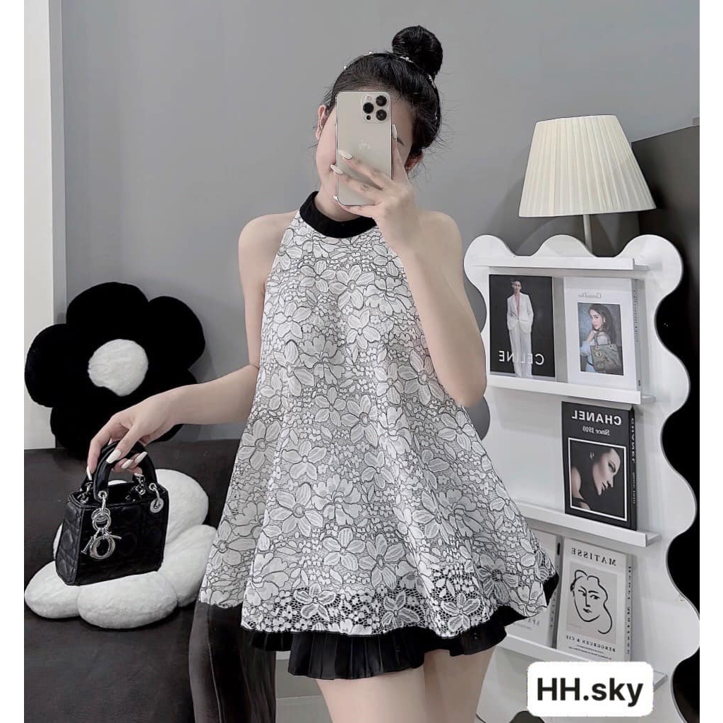 Áo ren hoa xám trắng cổ yếm 2 lớp (kèm ảnh thật)