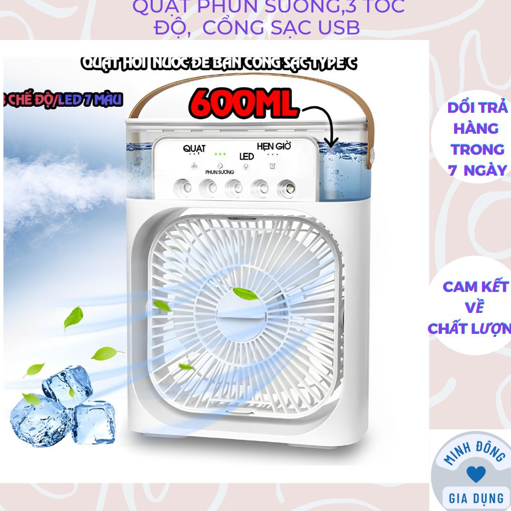 Quạt Điều Hòa Phun Sương Hơi Nước Mini Để Bàn 3 Chế Độ Tích Hợp Led, Chế Độ Hẹn Giờ Sử Dụng Cổng Sạc USB Tiện Dụng