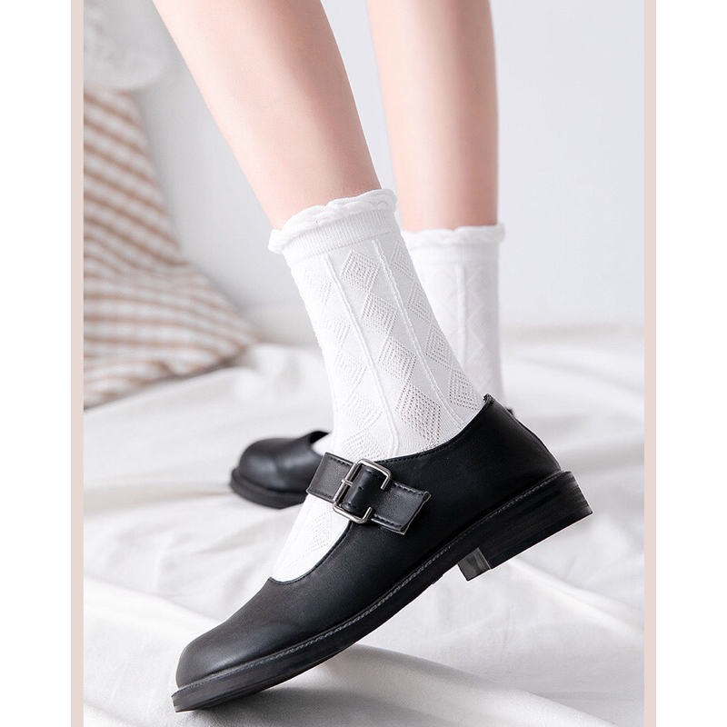 Tất vớ nữ nhún cổ cao Lolita hoạ tiết trắng phong cách hàn quốc