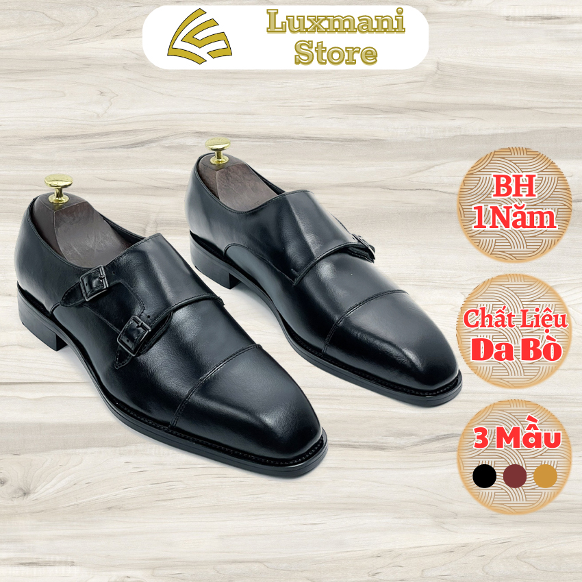 giày tây nam cao cấp, làm thủ công, da bò đế phíp gỗ, dáng Double Monkstrap bảo hành 12 tháng - T160