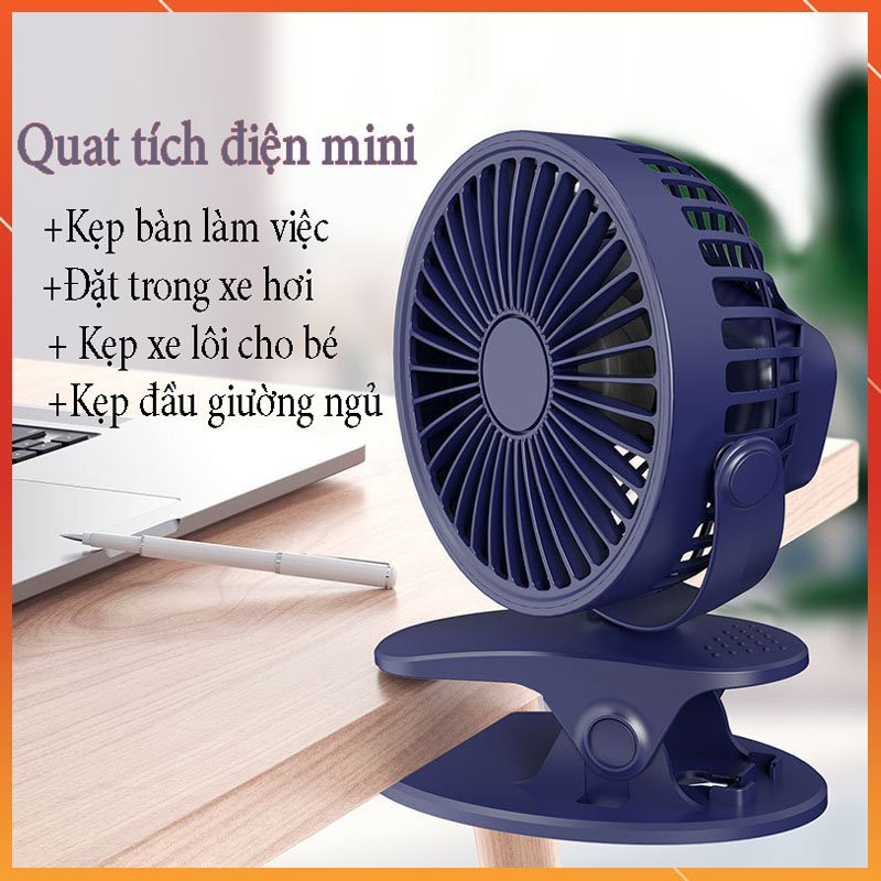 Quạt Tích Điện Để Bàn, Sử Dụng Pin Sạc, Quạt Mini, Kẹp Bàn Chắc Chắn, Xoay 720 Độ - SALE