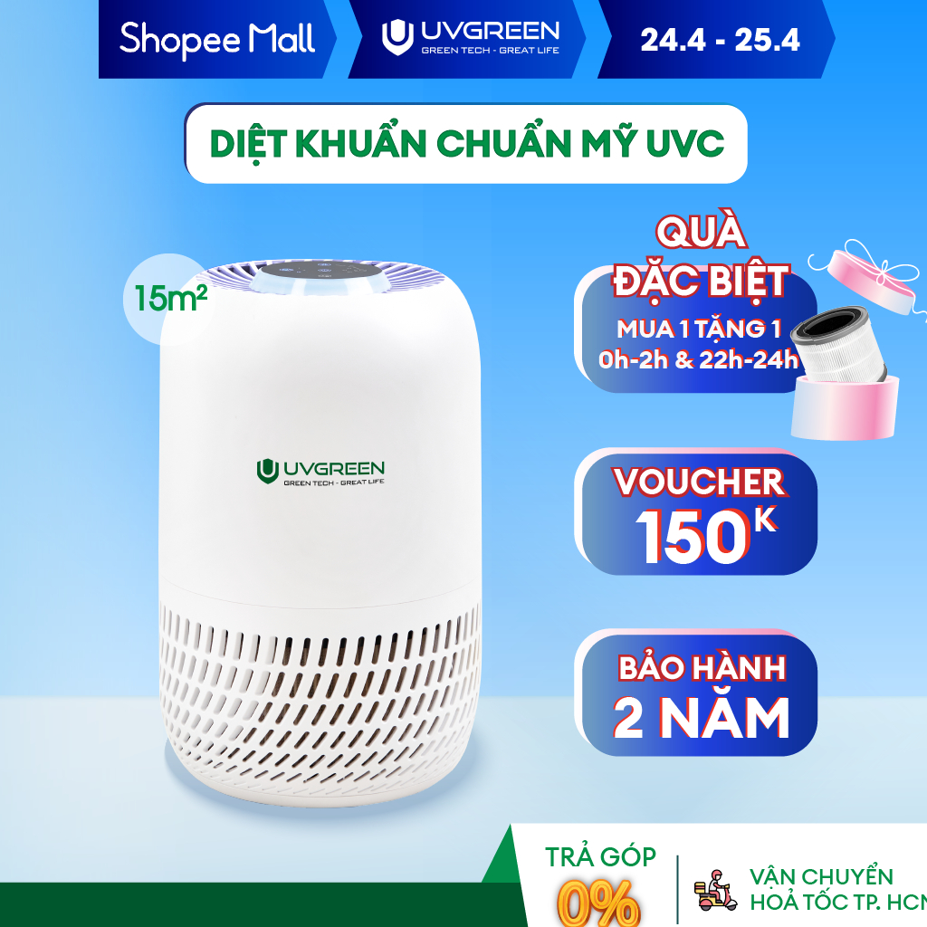 Máy Lọc Không Khí Diệt Khuẩn UVC LED UVGREEN KA150 15m2 - Công Nghệ Từ Mỹ, Lõi Lọc HEPA H13 Lọc Sạch 99,97% Bụi Mịn