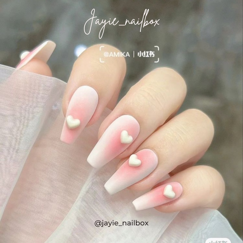 Nail Box Thiết Kế Trắng Hồng Ngọt Ngào Đính Trái Tim Mùa Hè Tặng Set 5 Dụng Cụ Gắn Móng
